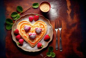 aardbei pannenkoek in hart vorm Aan de schotel in dineren tafel achtergrond. voedsel en toetje concept. digitaal kunst illustratie. generatief ai foto