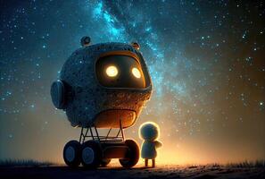 robot oppas nemen zorg van baby naar aan het kijken sterrenhemel nacht landschap berg en melkachtig manier lucht achtergrond. mensen technologie en astrologie wetenschap concept. digitaal kunst fantasie illustratie. generatief ai foto