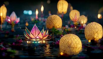 loy krathong festival met kleurrijk kaarsen licht en vol maan in Thailand achtergrond. drijvend ritueel banaan bladeren vaartuig of lamp en lotus bloem in de water traditioneel. generatief ai foto