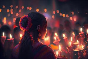 Indisch menigte mensen in de diwali de festival van lichten in de nacht met kaars lichten vuurwerk en moskee achtergrond. generatief ai foto