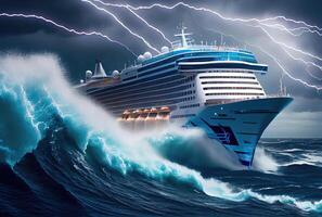 reis schip ontmoetingen reusachtig golven en woedend stormen. vervoer en natuur concept. generatief ai foto