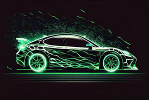 modern auto met groen licht spoor net zo snelheid en energie macht Aan zwart donker achtergrond. vervoer en innovatie concept. generatief ai foto