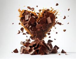 detailopname gestapeld chocola hart vorm brokken vallend Aan de wit tafel en gebarsten. voedsel en zoet toetje concept. generatief ai foto