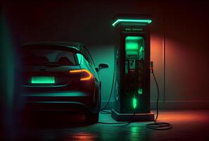 ev auto met elektrisch opladen station oplader en blauw gloeiend licht streep. technologie en vervoer concept. generatief ai foto