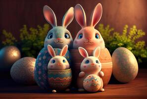 schattig konijnen familie in geschilderd gebarsten Pasen eieren. generatief ai foto