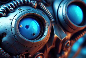 detailopname van blauw robot ogen met metalen structuur achtergrond. technologie en innovatie concept. generatief ai foto