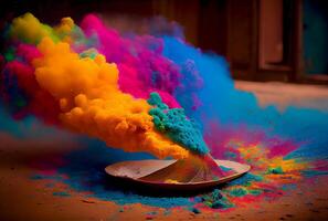 kleurrijk zetmeel en kleurstof poeder stof exploderend in holi dag. generatief ai foto