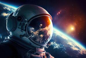 portret van astronaut met kleurrijk heelal in de ruimte. wetenschap en technologie concept. blauw aarde thema. generatief ai foto