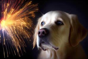 de hond is bang en geschokt door de geluid van vuurwerk met lucht achtergrond. huisdier en dier concept. digitaal kunst illustratie. generatief ai foto