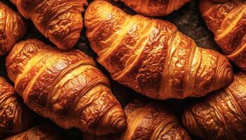 croissant brood Aan de houten tafel in de donker achtergrond. voedsel en bakkerij concept. vol van brood thema. generatief ai foto