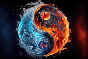 brand en ijs klimaat in de yin en yang Aan donker achtergrond. abstract en contrast symbool concept. generatief ai foto