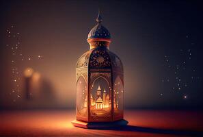 Ramadan festival lantaarn en rekwisieten Aan de verdieping achtergrond. cultuur en religie concept. digitaal kunst illustratie. generatief ai foto