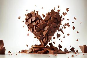 detailopname gestapeld chocola hart vorm brokken vallend Aan de wit tafel en gebarsten. voedsel en zoet toetje concept. generatief ai foto