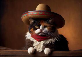 kat in een Mexicaans hoed Aan een uniform achtergrond. ai gegenereerd. foto