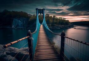 hangende houten brug aan de overkant de rivier. ai gegenereerd foto