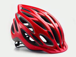 rood helm van een fietser Aan een wit achtergrond. ai gegenereerd. foto