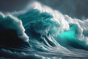 reusachtig blauw oceaan golven crashen Bij zonsondergang gedurende groot zwellen in zwaar storm behang achtergrond. zeegezicht en ramp van natuur concept. digitaal kunst illustratie. generatief ai foto