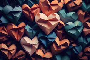 oranje wit en blauw papercut harten origami achtergrond. liefde verhaal en valentijnsdag dag behang concept. generatief ai foto