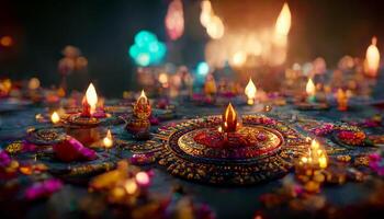 diwali festival met kleurrijk kaarsen licht en bokeh achtergrond. generatief ai foto