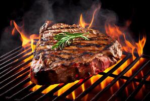 t-bone steak of portier Aan rooster met laaiend brand vlam. voedsel en keuken concept. generatief ai foto