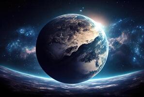 aarde in ruimte visie met schijnend zonsopkomst in universum en heelal achtergrond. natuur en wereld milieu concept. wetenschap en wereldbol. fantasie lucht atmosfeer. generatief ai foto