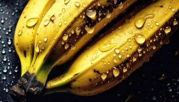 dichtbij omhoog van schoon geel tropisch bananen met water laten vallen in donker zwart achtergrond. vers fruit en groente concept. voeding en vitamine thema. generatief ai foto