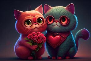 schattig kat paar met rood hart voor valentijnsdag dag. liefde en minnaar concept. generatief ai foto