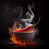 rood Chili met brandend brand vlam in heet pot Aan zwart achtergrond. generatief ai foto