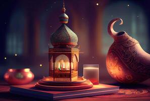 Ramadan festival lantaarn en rekwisieten Aan de verdieping achtergrond. cultuur en religie concept. digitaal kunst illustratie. generatief ai foto