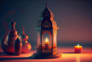 Ramadan festival lantaarn en rekwisieten Aan de verdieping achtergrond. cultuur en religie concept. digitaal kunst illustratie. generatief ai foto