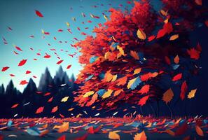 rood esdoorn- bladeren in de wind met landschap achtergrond. herfst en vallen seizoensgebonden concept. digitaal kunst illustratie. generatief ai foto