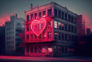 de rood hart neon verlichting symbool is in voorkant van een gebouw Aan de hoofd weg in de stad achtergrond. teken en symbool concept. digitaal kunst illustratie. generatief ai foto