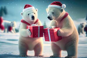 twee polair bears geven geschenk doos samen in de noorden pool met besneeuwd achtergrond. Kerstmis dag festival concept. generatief ai foto