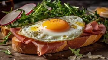 gebakken eieren zonnig kant omhoog Aan Frans stokbrood, ham illustratie ai generatief foto