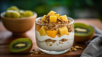 mango yoghurt met muesli en kiwi in houten kom illustratie ai generatief foto