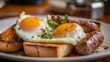 ontbijt diner met worst, wit geroosterd brood, eieren illustratie ai generatief foto