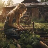 meisje werken in tuin. illustratie ai generatief foto