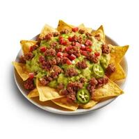 maïs chips nacho's met gebakken fijngehakt vlees en guacamole geïsoleerd illustratie ai generatief foto