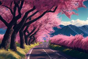 platteland weg met Japans kers bloesem bomen naast de lang weg en fuji berg achtergrond. generatief ai foto