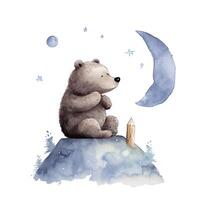 schattig waterverf nacht beer en maan. illustratie ai generatief foto