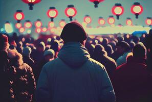 menigte toeristen in Chinatown met Chinese lantaarn achtergrond. generatief ai foto