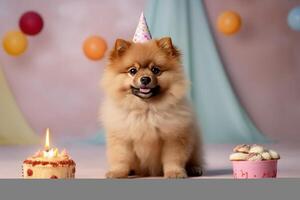 schattig verjaardag hond met taart. illustratie ai generatief foto