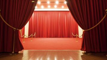 rood tapijt, touw belemmeringen en plek lichten achter gordijnen binnenshuis illustratie ai generatief foto