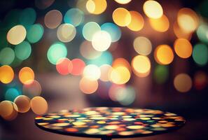 tafel top in de nacht partij met kleurrijk bokeh achtergrond. sjabloon en decoratie concept. digitaal kunst illustratie. generatief ai foto