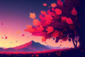 rood esdoorn- bladeren in de wind met landschap achtergrond. herfst en vallen seizoensgebonden concept. digitaal kunst illustratie. generatief ai foto
