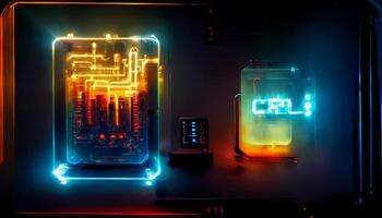 elektrisch gloeiend verlichting neon stroomkring Aan CPU moederbord achtergrond. technologie en abstract concept. generatief ai foto