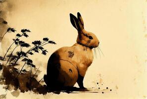 konijn in Chinese inkt tekening stijl. generatief ai foto