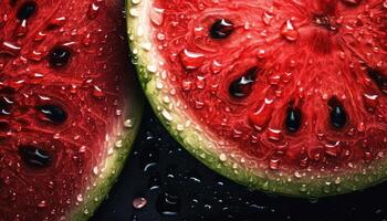 dichtbij omhoog van schoon besnoeiing watermeloen met water laten vallen in donker zwart achtergrond. vers fruit en groente concept. voeding en vitamine thema. generatief ai foto