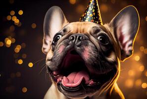 portret van schattig gelukkig Frans bulldog in de viering partij met bokeh licht en confetti in de donker achtergrond. generatief ai foto