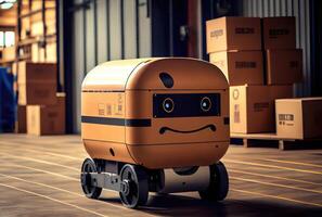 robot agv vervoeren karton doos in magazijn achtergrond. technologie innovatie en levering concept. generatief ai foto